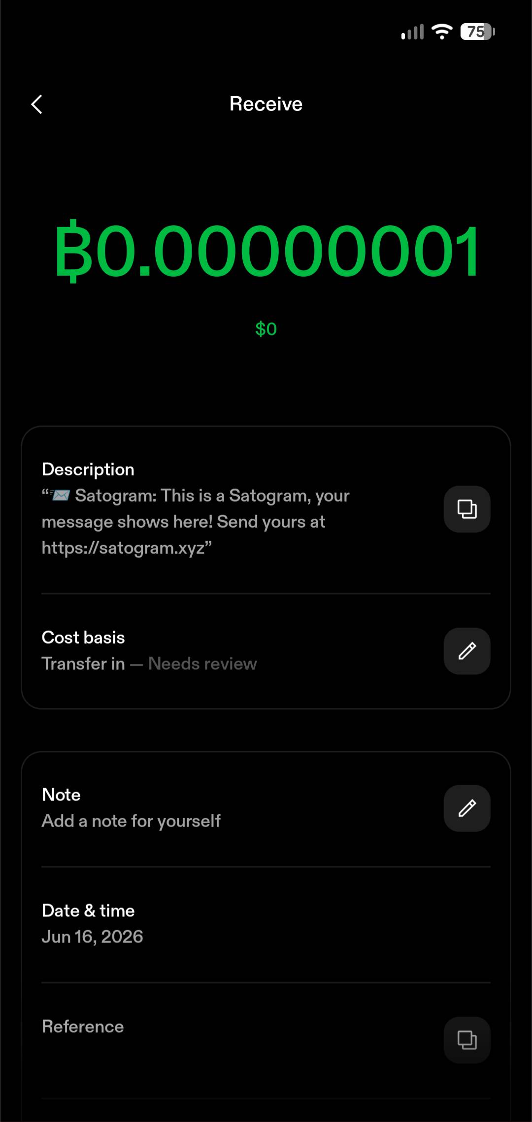 Wallet app showing a received payment with the Satogram message in the description