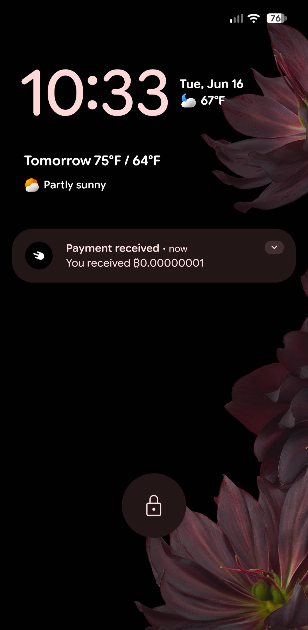Phone lock screen showing an incoming Bitcoin payment notification